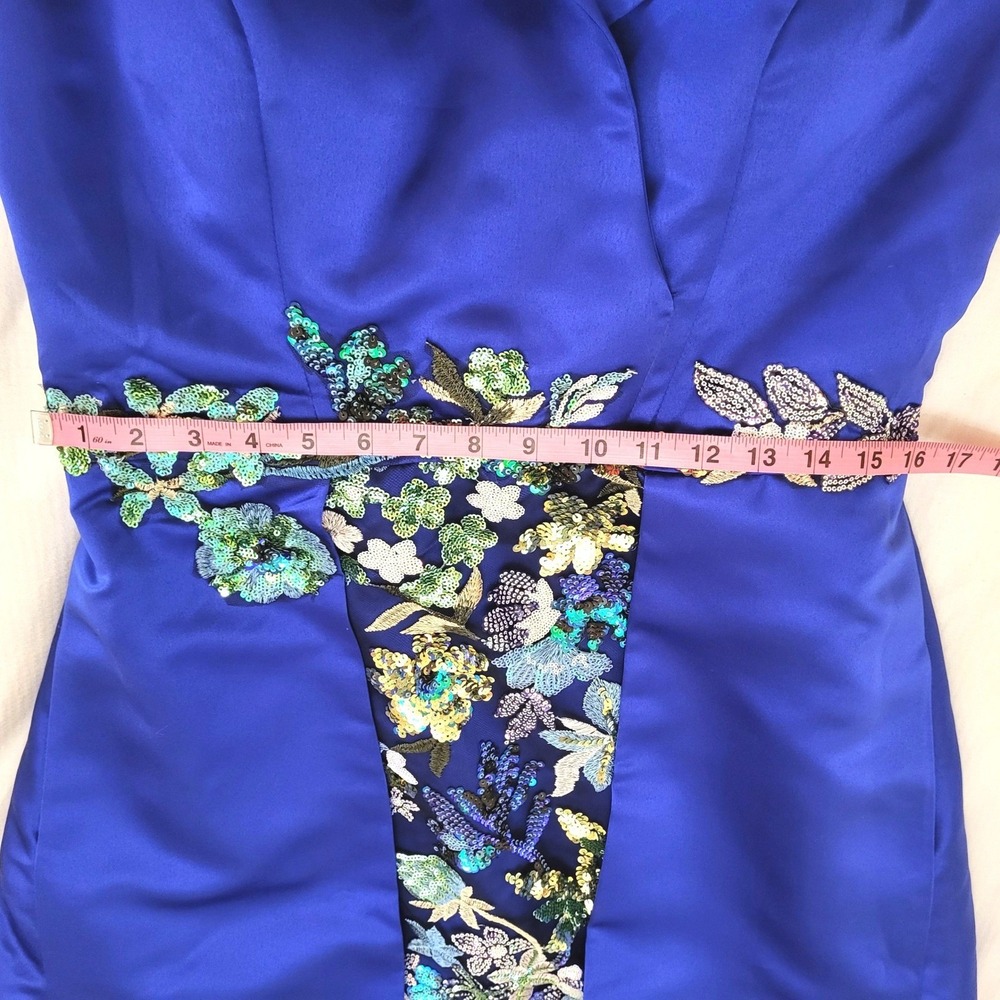Glamora Royal Blue Satin Sheath Embroidered Sequin Gown Portrait Collar Train 8 - Picture 12 of 16